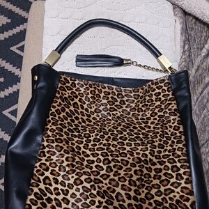 Leopard Print and Black Leather Women's Bag